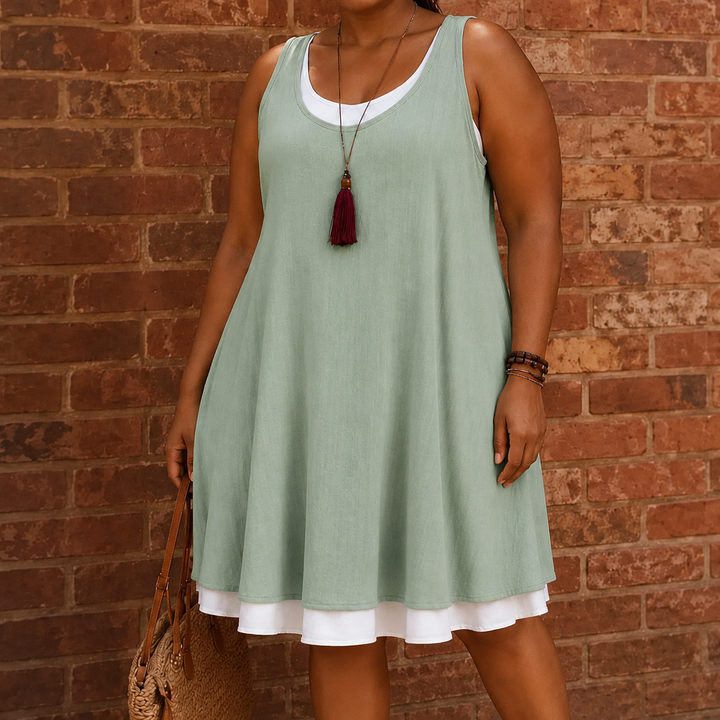 Breezella – Layered Summer Swing Dress, Sleeveless Two-Piece-like Design