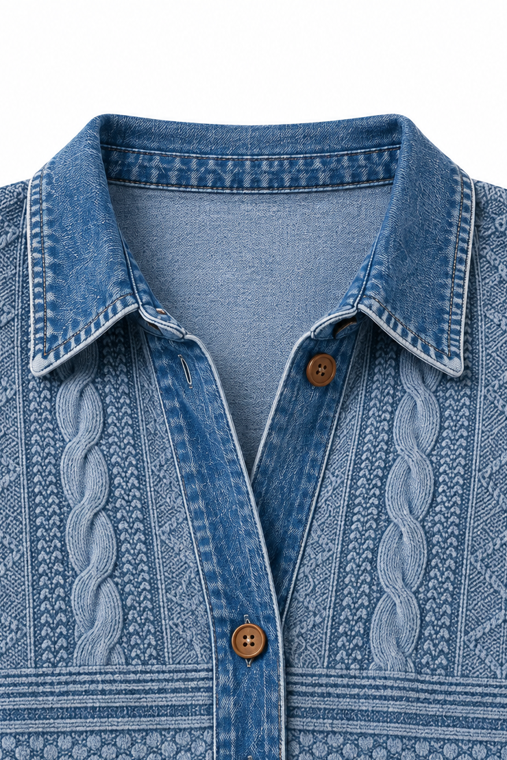 Layerlyn – Denim Patchwork Textured Knit Blouse