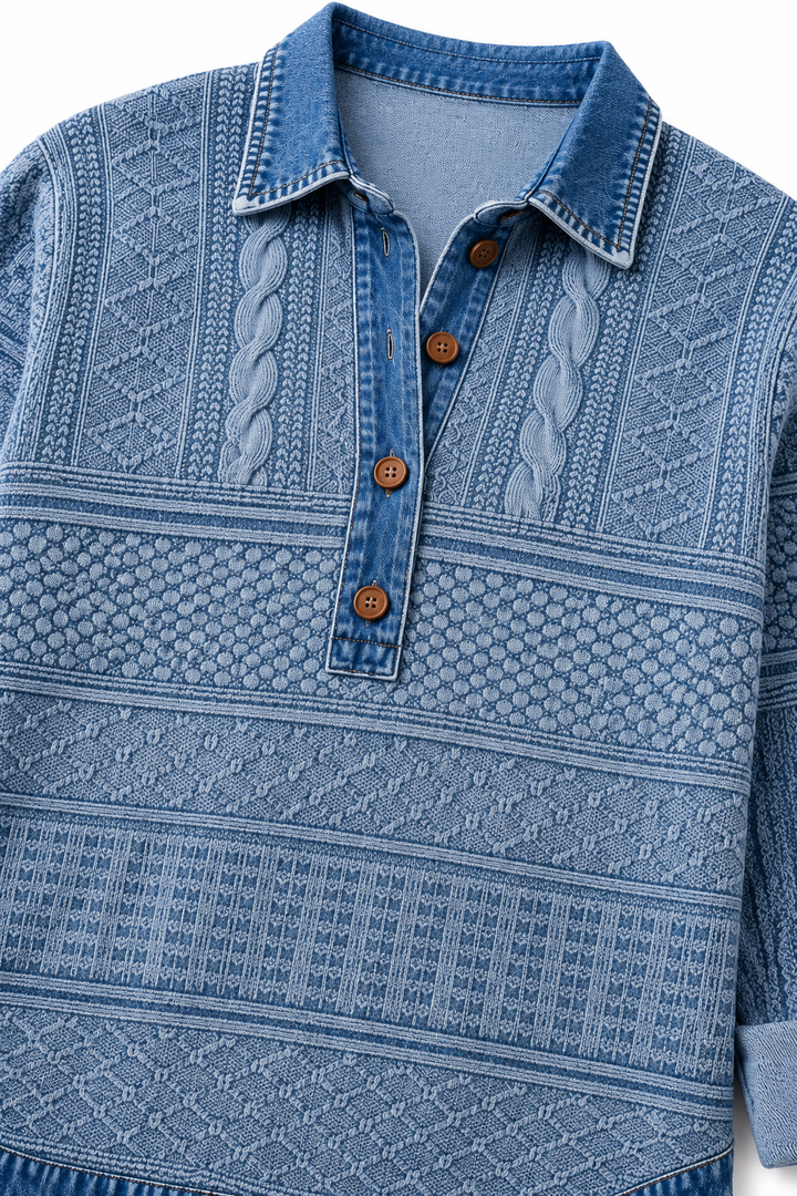 Layerlyn – Denim Patchwork Textured Knit Blouse