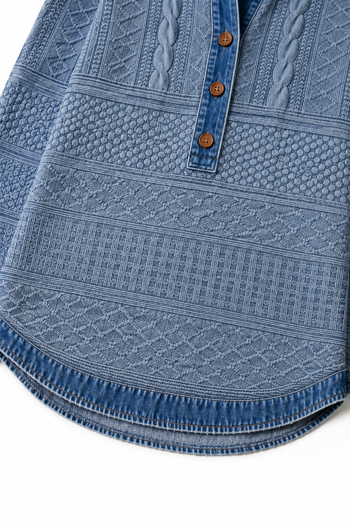 Layerlyn – Denim Patchwork Textured Knit Blouse