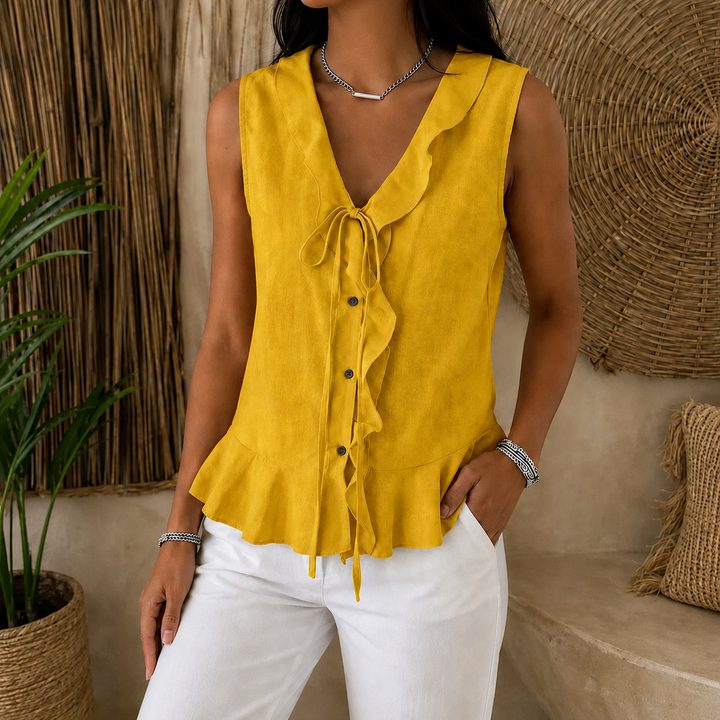 Vellara – Sleeveless Ruffle V-Neck Blouse with Bow Tie and Peplum Hem