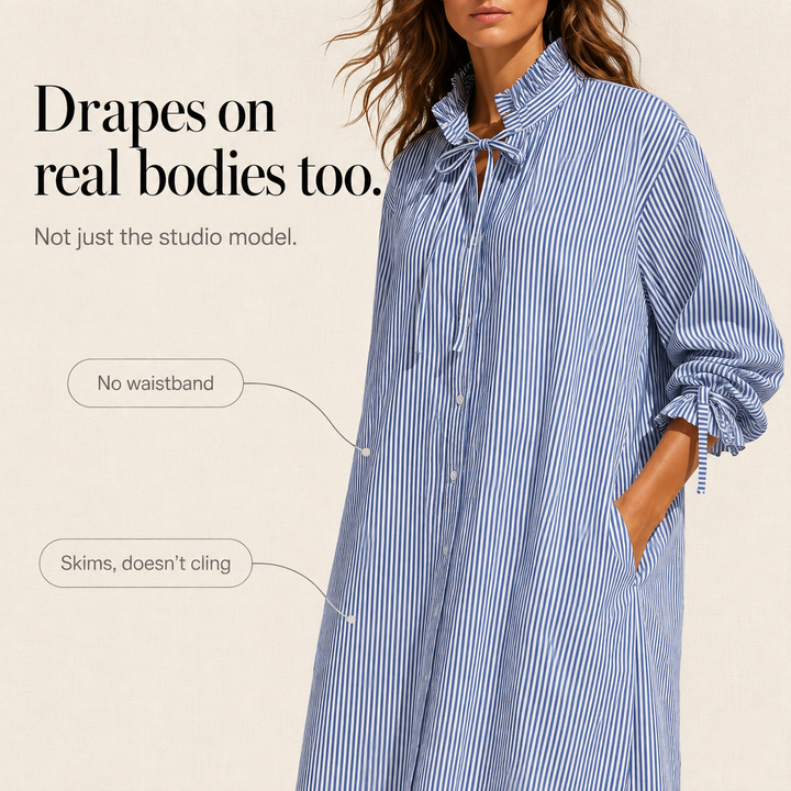 Verlyn – Striped Midi Dress That Reads Slim, Not Wide