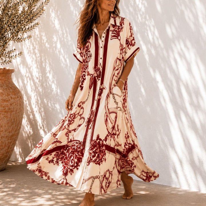 Solenne – Vintage Scroll Print Maxi Shirt Dress with Pockets