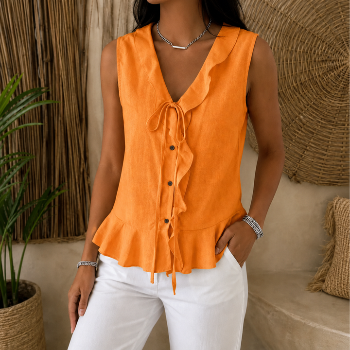 Vellara – Sleeveless Ruffle V-Neck Blouse with Bow Tie and Peplum Hem