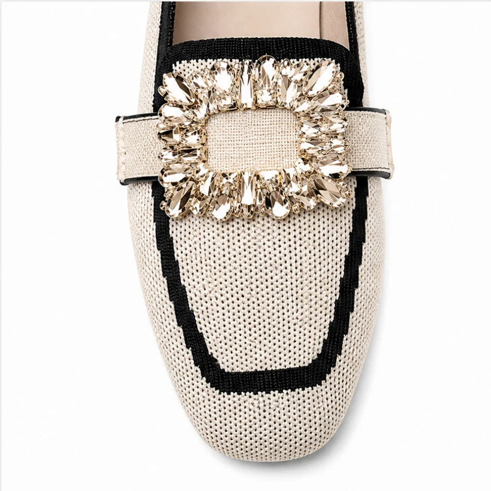 Vellora – Crystal Buckle Knit Loafers, Square Toe Slip-On Flats for Women
