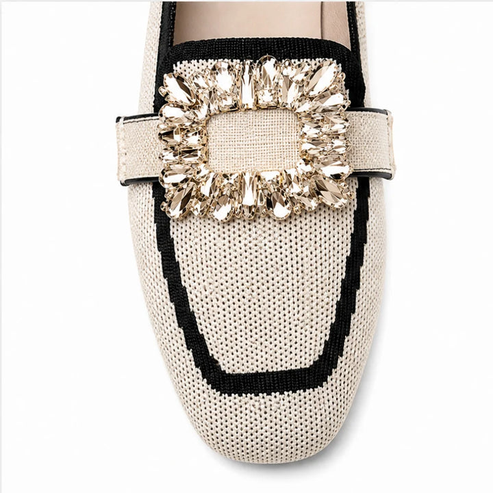 Vellora – Crystal Buckle Knit Loafers, Square Toe Slip-On Flats for Women