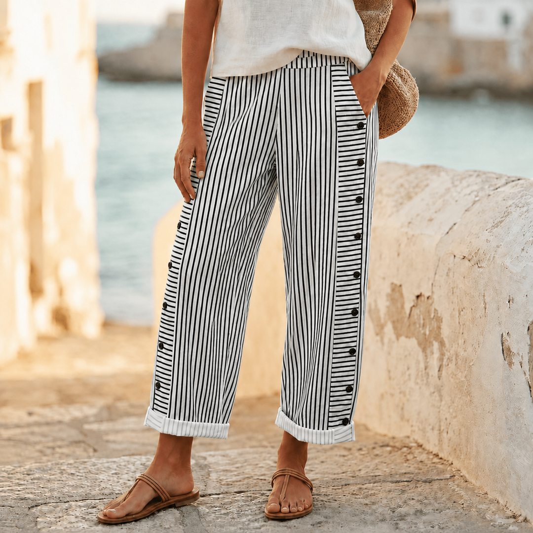 Coastlyn – Women's Striped Cotton Pants with Button Trim