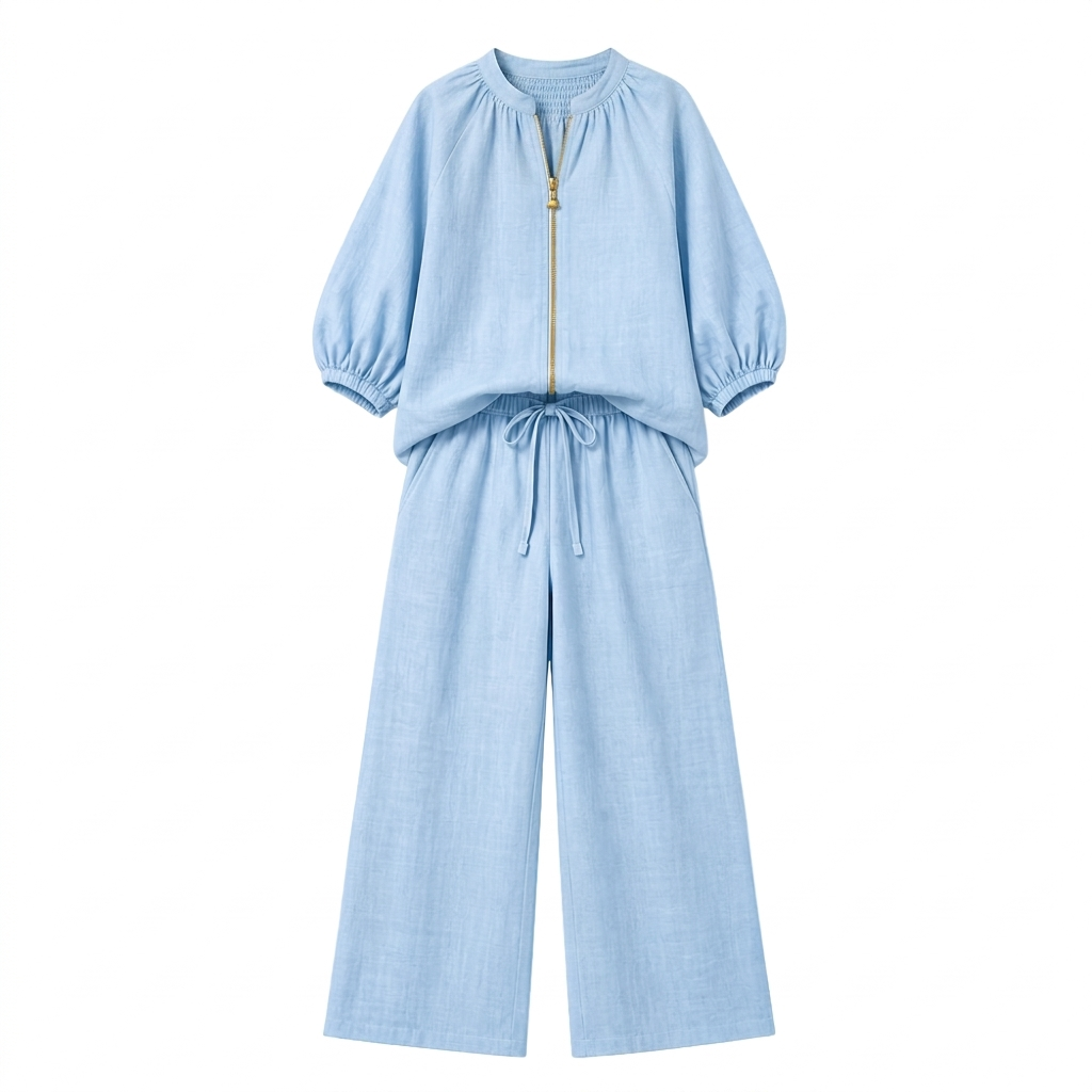 Veluna – Women's Linen Two-Piece Set with Gold Zip