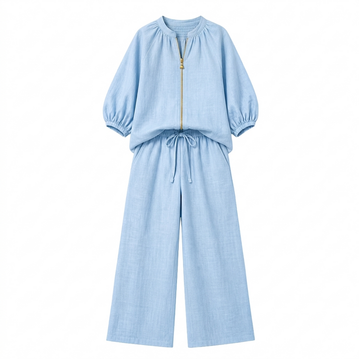 Veluna – Women's Linen Two-Piece Set with Gold Zip