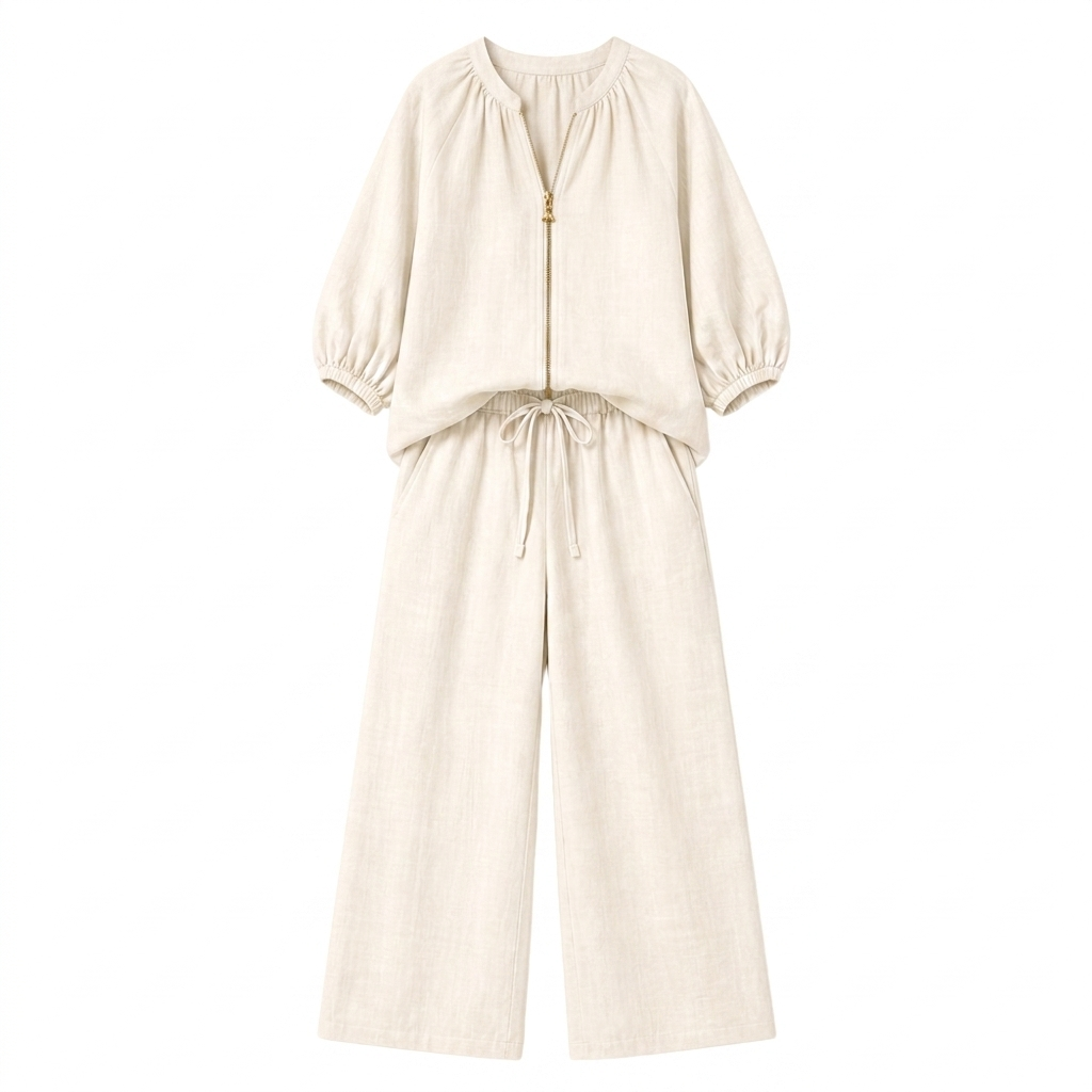 Veluna – Women's Linen Two-Piece Set with Gold Zip