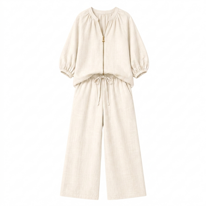 Veluna – Women's Linen Two-Piece Set with Gold Zip