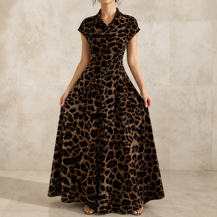 Veluxa – Leopard Print Cinched Waist Maxi Shirt Dress with Pockets