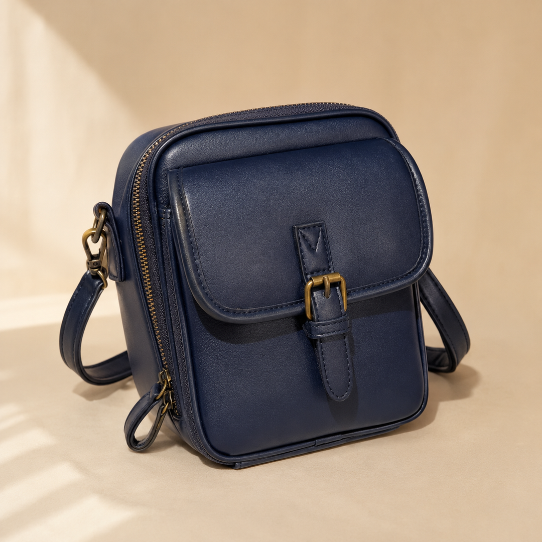 Solene – Structured vegan leather crossbody bag with built-in wallet and glasses compartment