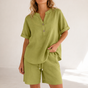 Lunessa™ – Cotton Linen 2 Piece Set Women Henley Top and Drawstring Shorts