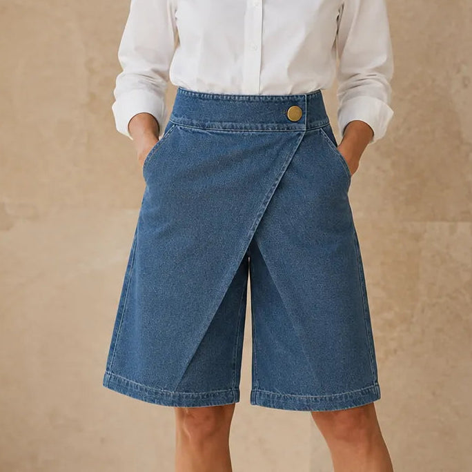 Velara – Asymmetric Wrap-Front Knee-Length Denim Bermuda Shorts
