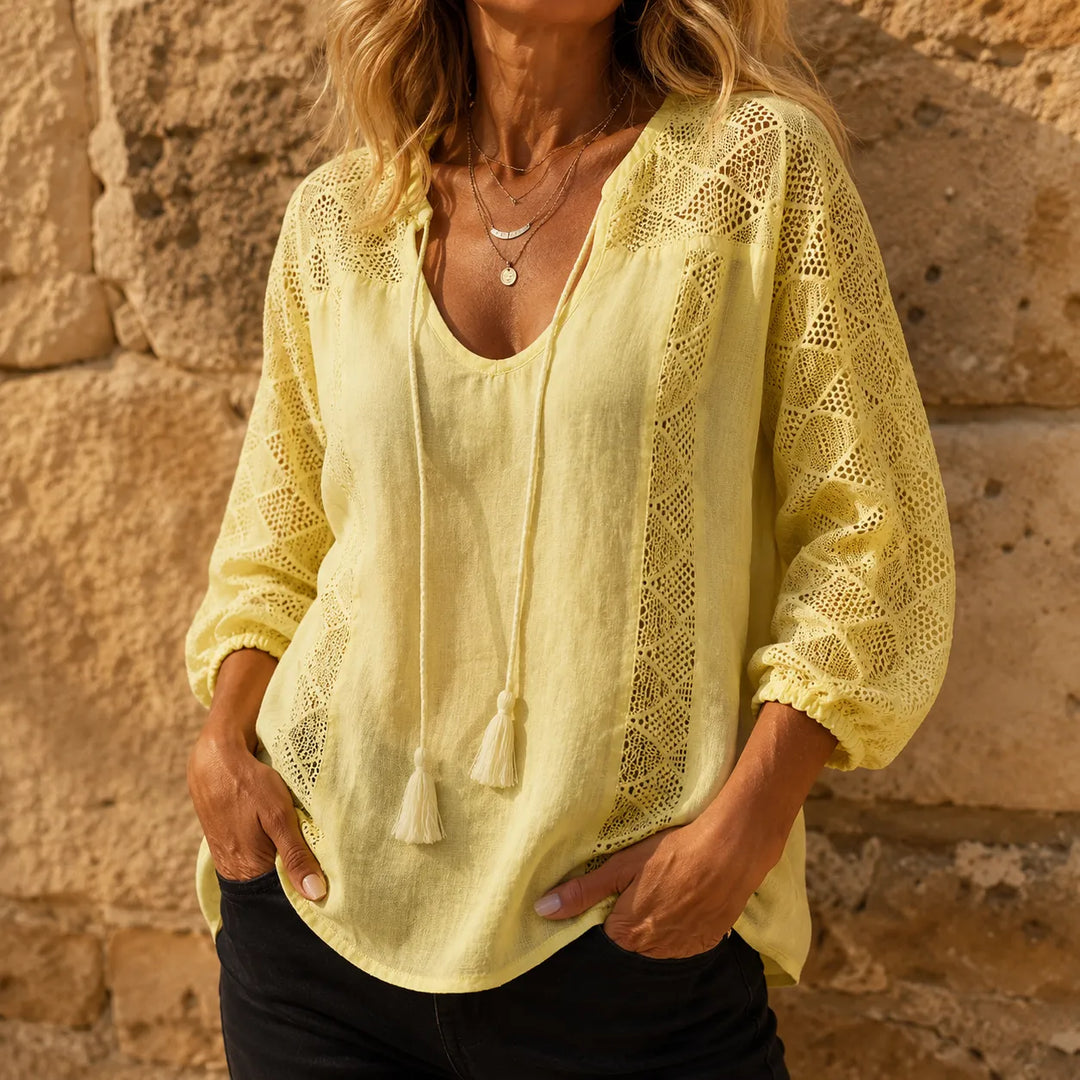 Soraya – Boho Lace Blouse with Tassel Tie U-Neck