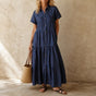 Marielle – Tiered Button-Front Denim-like Maxi Dress with Pockets