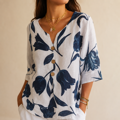 Florelle™ – Floral Linen V-Neck Popover Blouse with 3/4 Sleeves