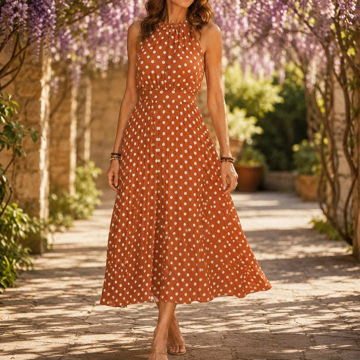 Soliana – Pleated Polka Dot Halter Midi Dress for Women