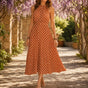 Soliana – Pleated Polka Dot Halter Midi Dress for Women