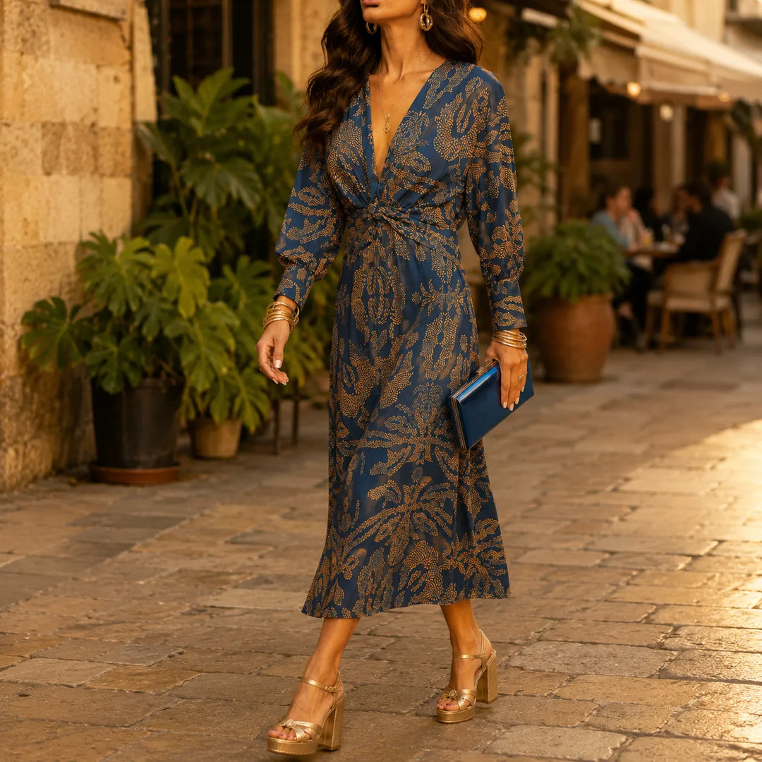 Florenza – Baroque Print Twist-Front Wrap Midi Dress