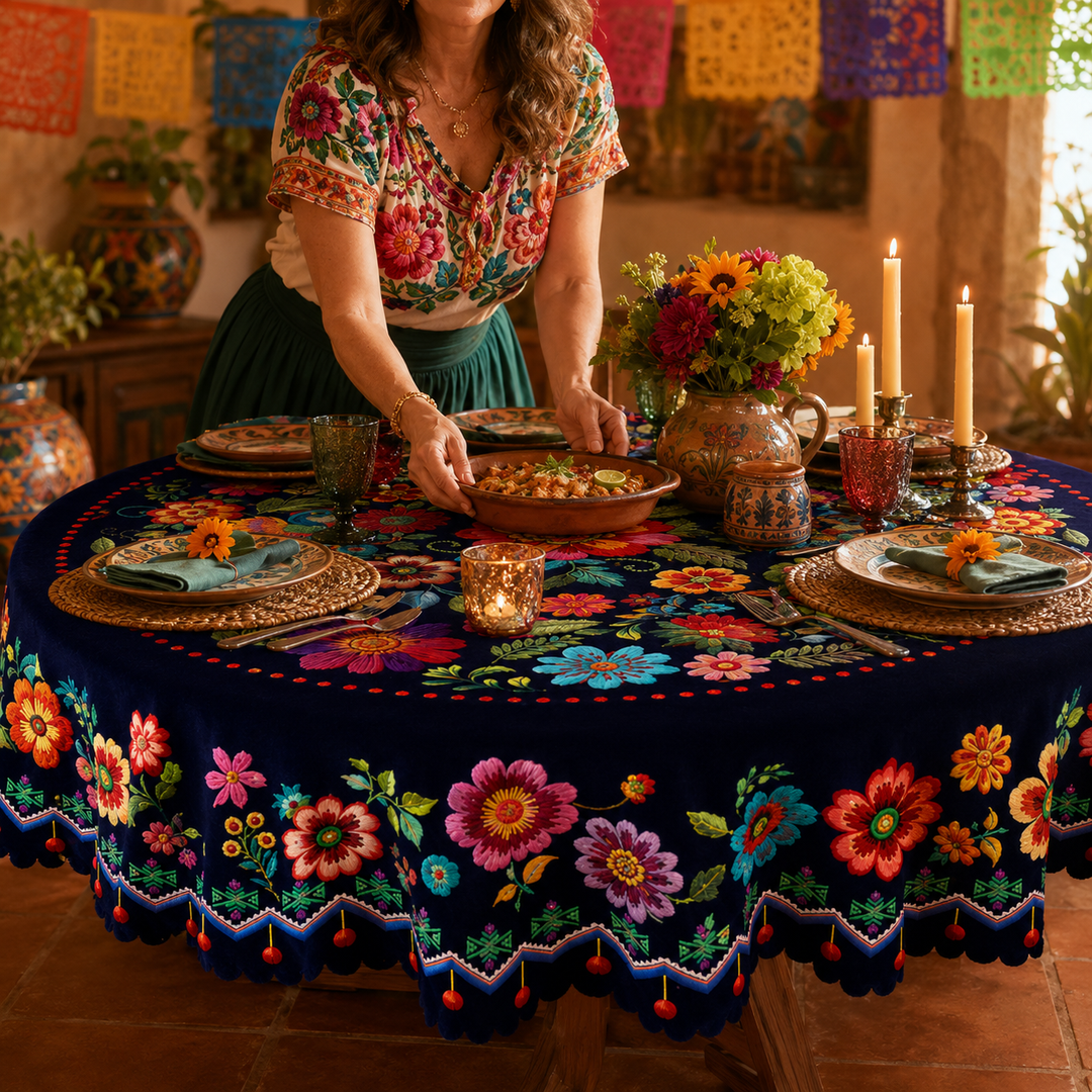 Casamora – Mexican Floral Embroidered Tablecloth with Scalloped Edge