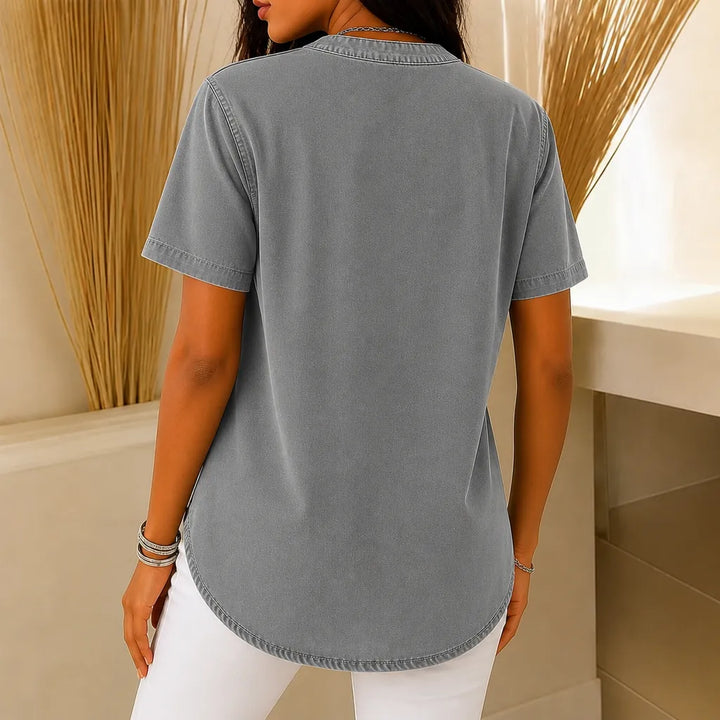Avelyn – Henley Denim Tunic Top with Side Buttons for Women