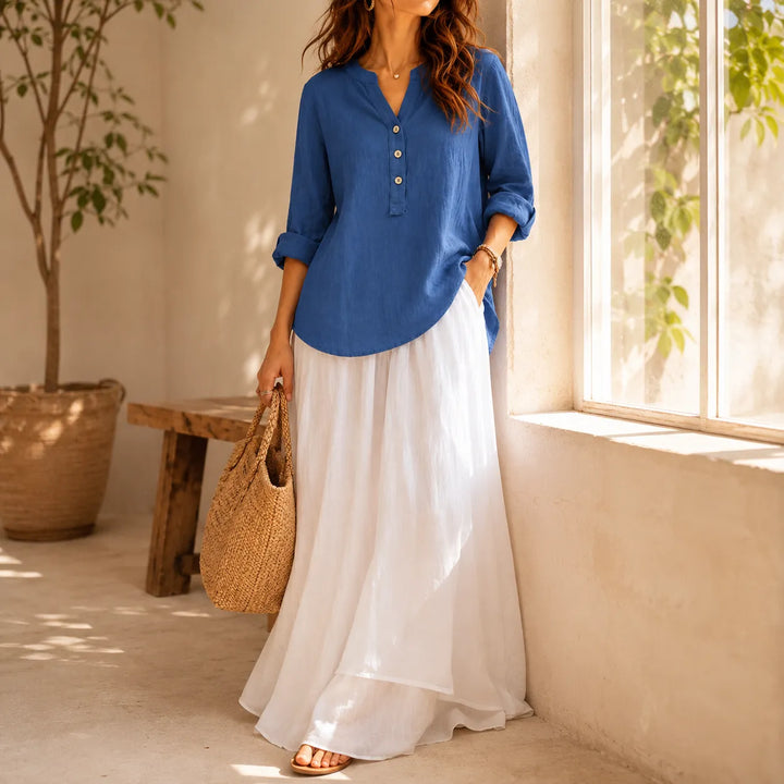 Amberlys – Airy Linen Blouse with V-Neck and Buttons