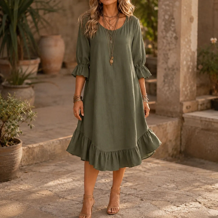 Florenza – Ruffle Hem Midi Dress with Bell Sleeves