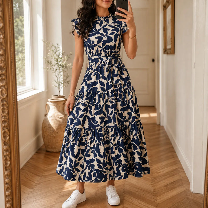 Sunlura – Flutter Sleeve Tie Waist Tiered Midi Dress, Summer Floral Print, Women's Casual Dress