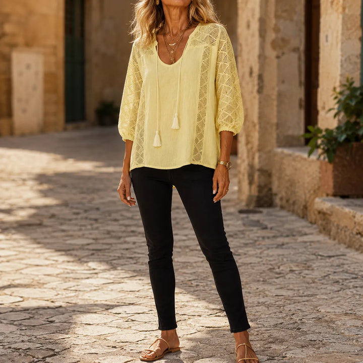 Soraya – Boho Lace Blouse with Tassel Tie U-Neck