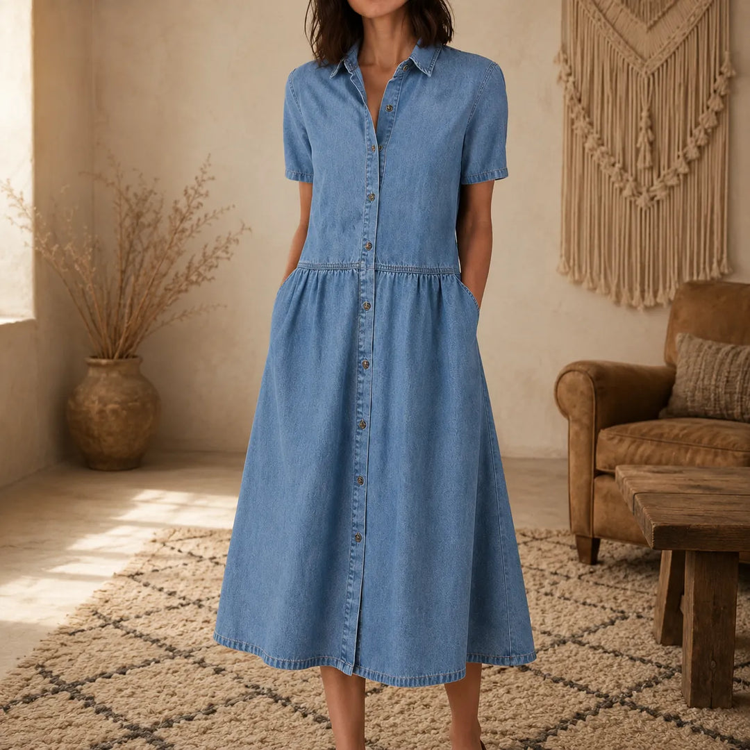 Everly – Shirt Dress with Pockets A-Line Midi Button Front