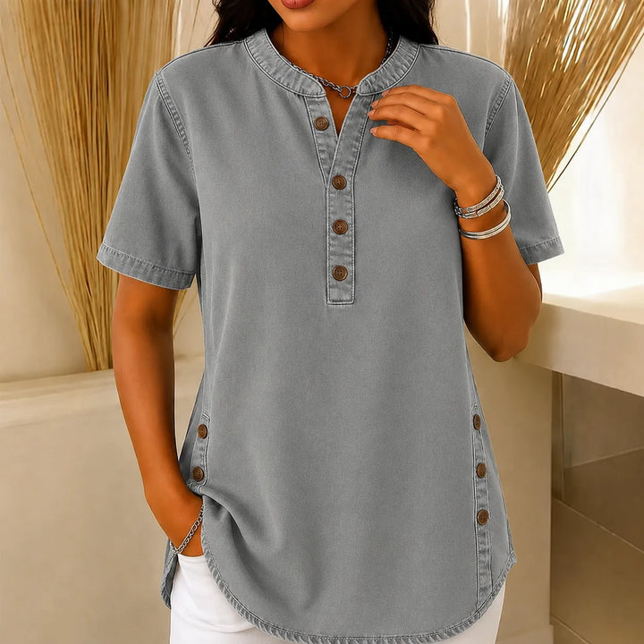 Avelyn – Henley Denim Tunic Top with Side Buttons for Women