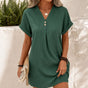 Linora – Ribbed V-Neck Shift Dress with Rolled Short Sleeves
