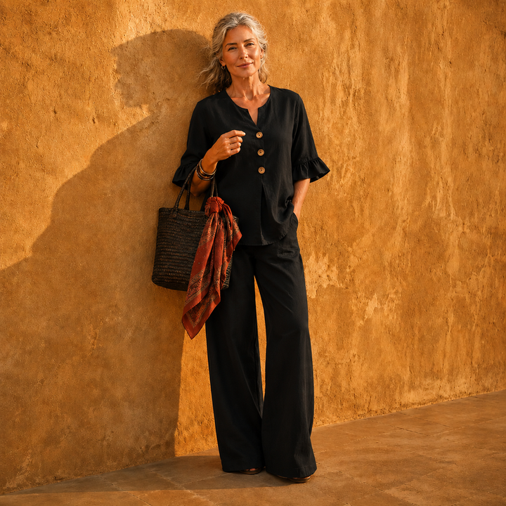 Lunavia – Linen-Look 2-Piece Set, Ruffle-Cuff Top & Wide-Leg Trousers, Women's Coordinated Outfit