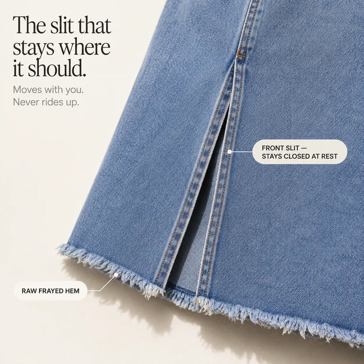 Marivel – High Waisted Denim Midi Skirt with Front Slit and Frayed Hem