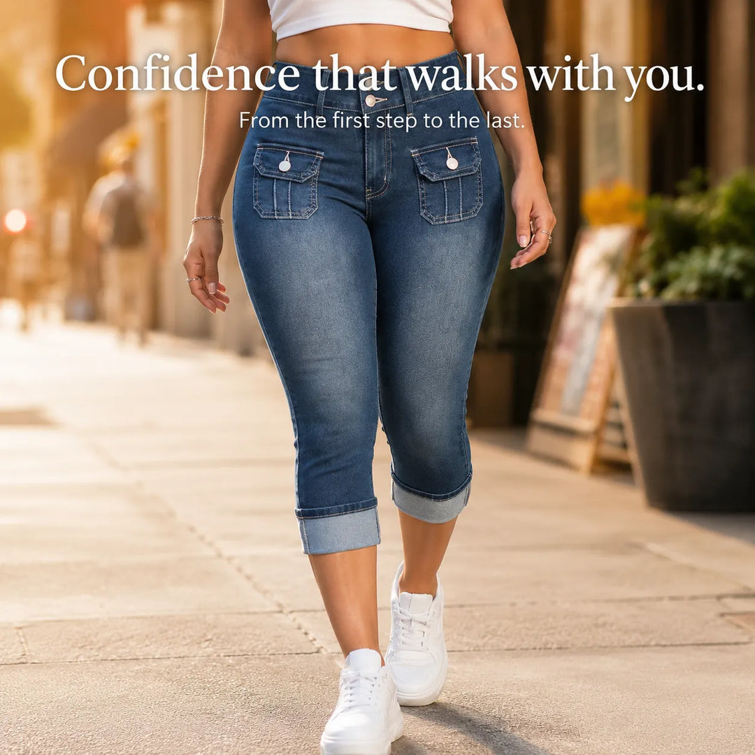Curvella – Curvy Fit Stretch Denim Capri Jeans, Mid Rise Cuffed Hem