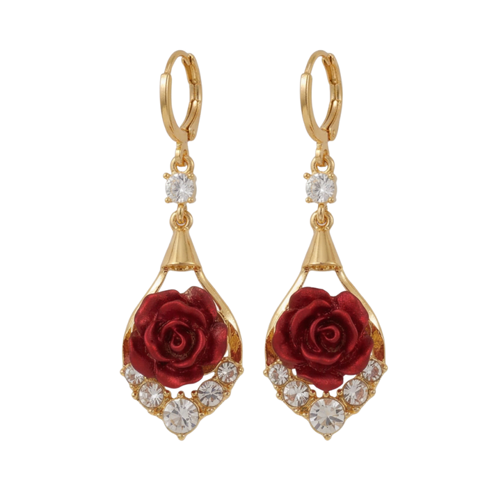 Rosavelle – Red Rose Crystal Drop Earrings