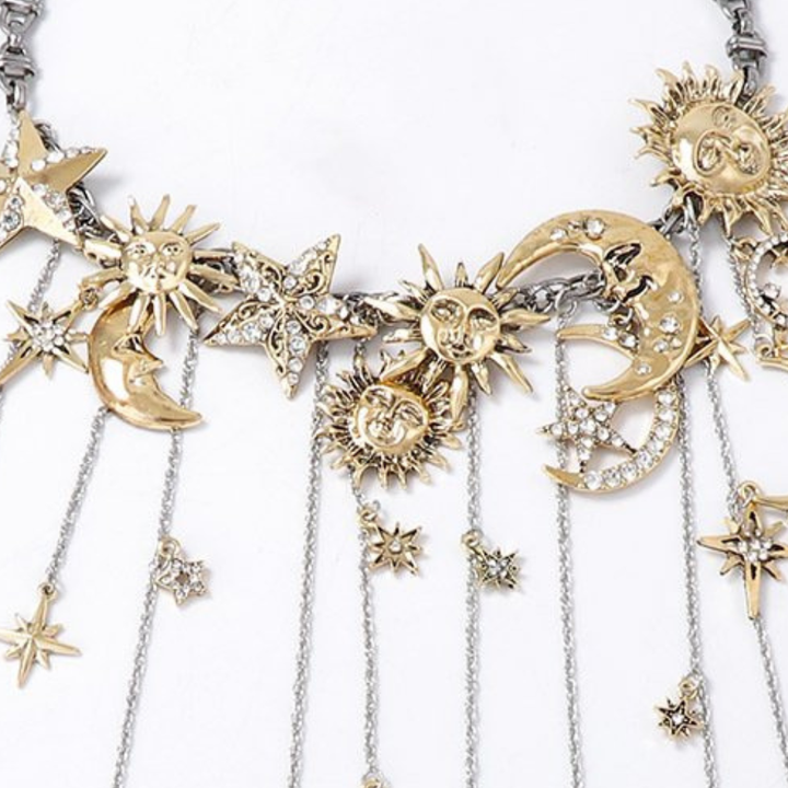 Celestra - Cascading Sun Moon & Star Fringe Necklace