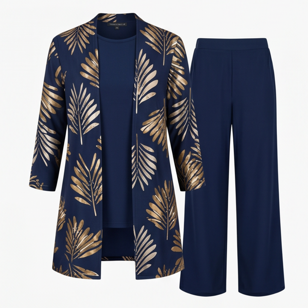 Trielle – Women's 3-Piece Printed Pantsuit Set, Duster, Shell and Wide-Leg Pants