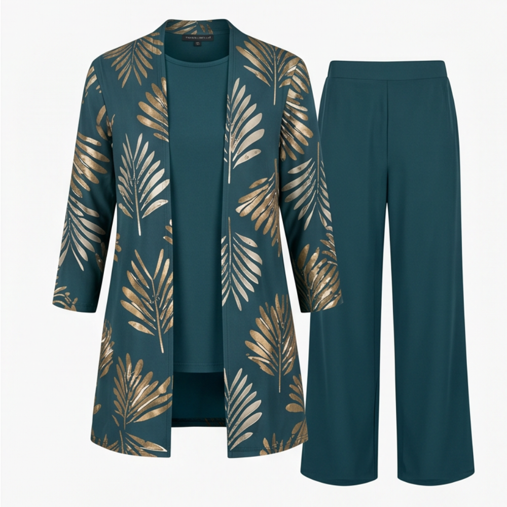 Trielle – Women's 3-Piece Printed Pantsuit Set, Duster, Shell and Wide-Leg Pants