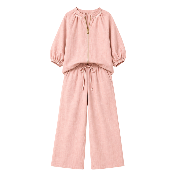 Veluna – Women's Linen Two-Piece Set with Gold Zip