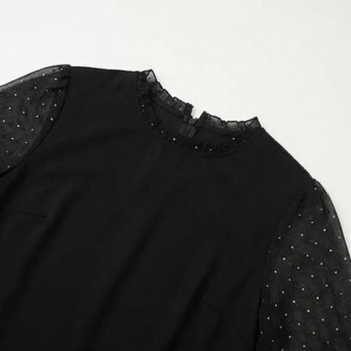 Lumiveil – Rhinestone Mesh Sleeve Dress with Ruffle Hem