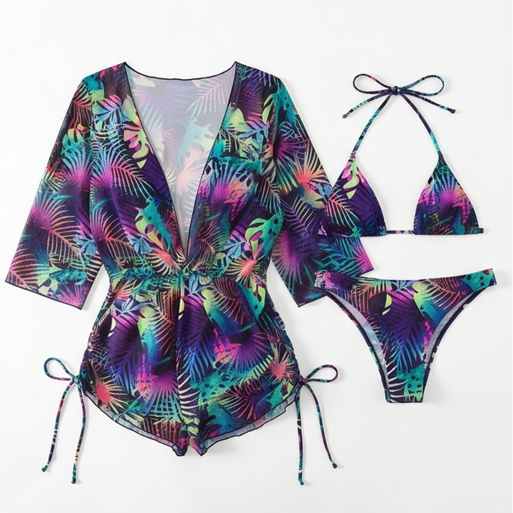Lunavera – Women's Tropical 3-Piece Swim Set with Kimono