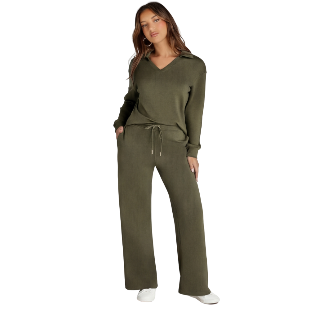 Velaire – V Neck Blouse and Wide Leg Pants Set