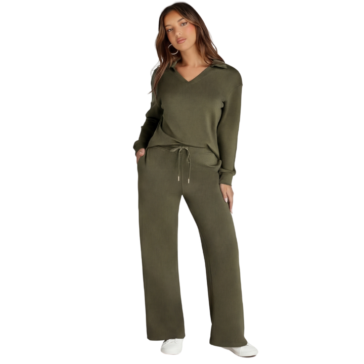 Velaire – V Neck Blouse and Wide Leg Pants Set