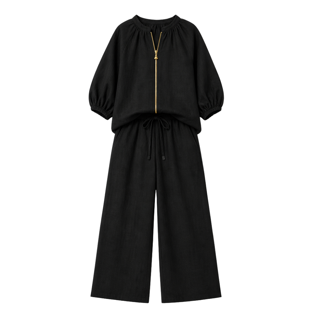 Veluna – Women's Linen Two-Piece Set with Gold Zip