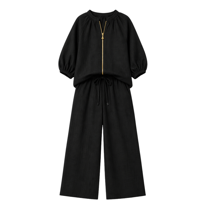 Veluna – Women's Linen Two-Piece Set with Gold Zip