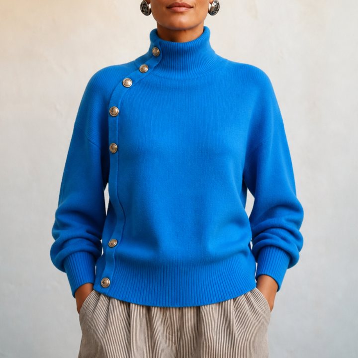 Asymvia – Asymmetric Gold-Tone Button Mock Neck Sweater