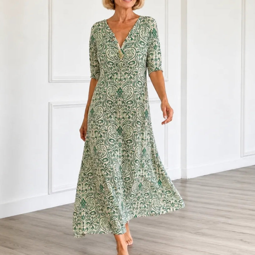 Florenza – Vintage Paisley V-Neck A-Line Maxi Dress with Half Sleeves